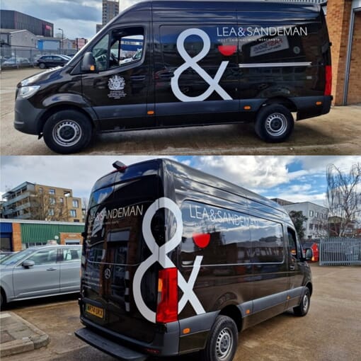 An image collage of a black Lee & Sandeman van with vehicle graphics and wraps